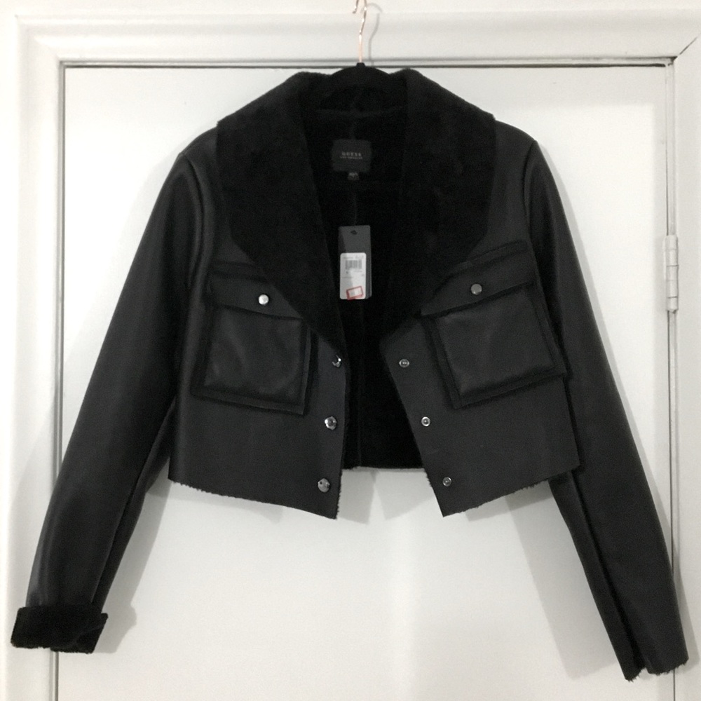 GUESS NWT Leather Fur Lined Moro Crop Jacket